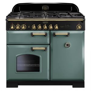 Rangemaster CDL100DFFMG/B Classic Deluxe 100cm Dual Fuel Range Cooker in Mineral Green and Brass