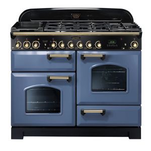 Rangemaster CDL110DFFSB/B Classic Deluxe 110cm Dual Fuel Range Cooker in Stone Blue and Brass