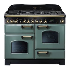 Rangemaster CDL110DFFMG/B Classic Deluxe 110cm Dual Fuel Range Cooker in Mineral Green and Brass